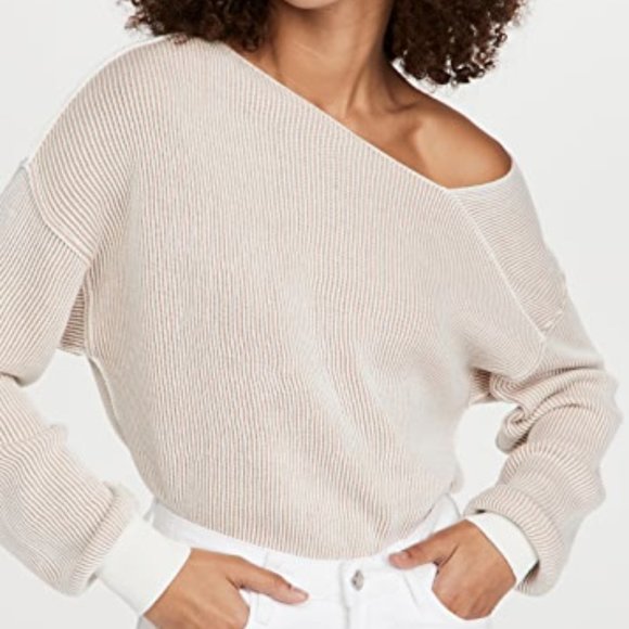 Line & Dot Sweaters - Line & Dot Favorite Off Shoulder Ribbed Sweater Ivory Taupe Small